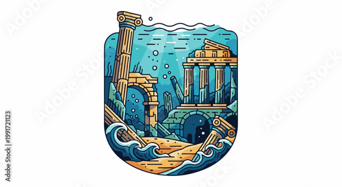 Underwater ancient ruins with columns, arches, and crumbling structures
