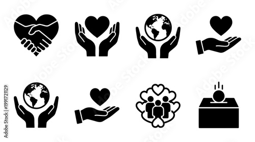 Charity and donation icon set, 8 black solid vector elements for non-profit organizations, volunteer work and humanitarian aid symbols