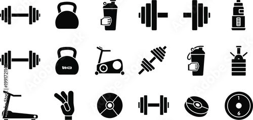 Collection of icons representing various gym and fitness equipment and accessories Vector