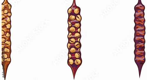 Three sweet, nut-filled confections hang from invisible threads on a white background