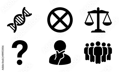 Bioethics and social science icons set, black minimalist vector symbols for ethics and law, DNA helix and justice scales collection