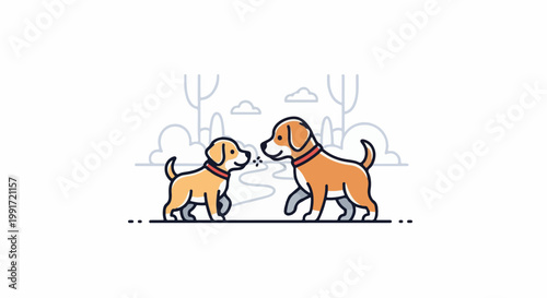 Two cartoon dogs, one larger than the other, are meeting nose to nose