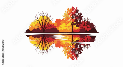 Stylized trees in autumn colors reflected in water