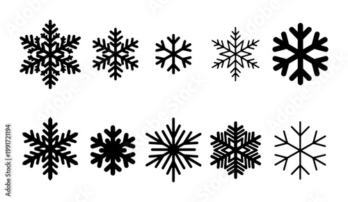 Minimalist snowflake vector icons set, black winter snow crystal silhouettes, 10 decorative frozen ice flake elements for holiday design