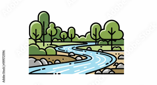 Stylized trees and a winding river with rocks and grassy banks