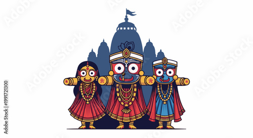 Three cartoon figures in traditional attire stand before a temple silhouette