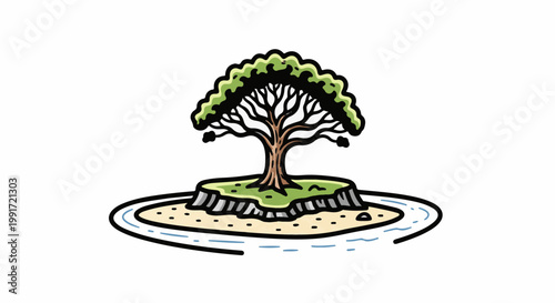 Stylized tree on a sandy island surrounded by water