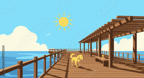 Sunny day on a wooden pier with a dog and pergola overlooking the ocean