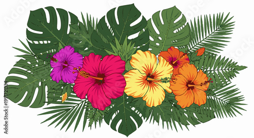 Tropical floral arrangement featuring hibiscus blooms and lush green foliage