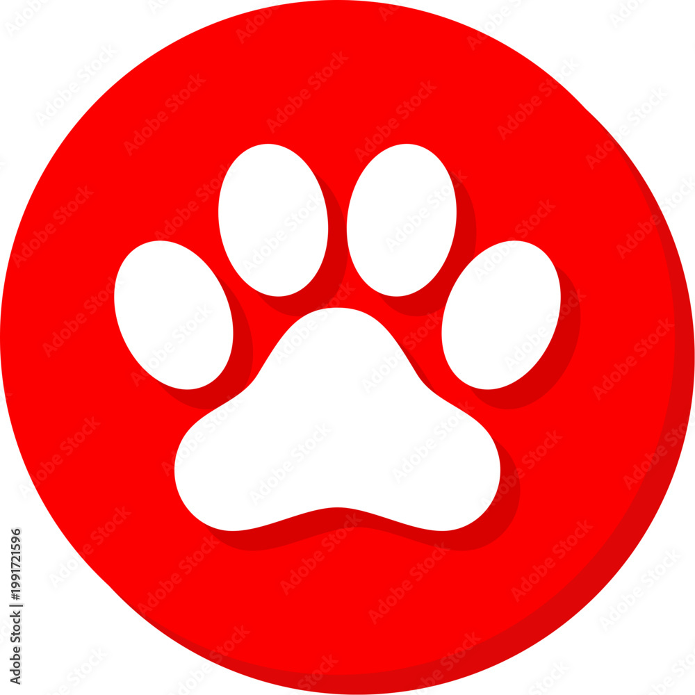 Fototapeta premium White animal paw print icon on red circular background for pet and nature apps