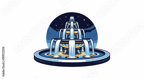 Stylized tiered fountain with cascading water, set against a starry night sky