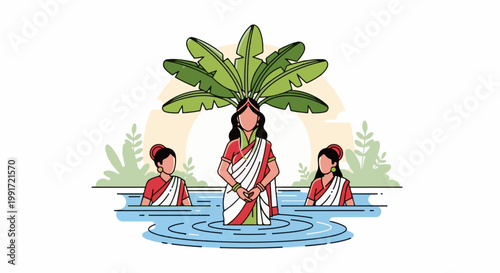 Three women in traditional Indian attire stand in water under banana leaves