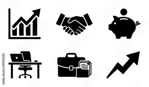 Business and finance icon set, professional black vector symbols for corporate growth, handshake and piggy bank illustrations for banking and investment