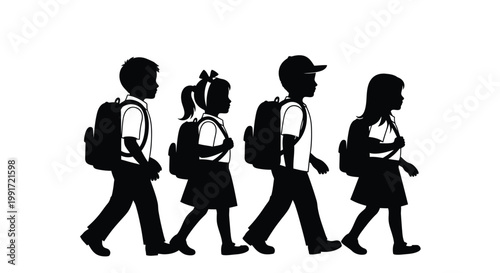 Silhouettes of diverse elementary school children walking with backpacks, heading towards a bright educational future.