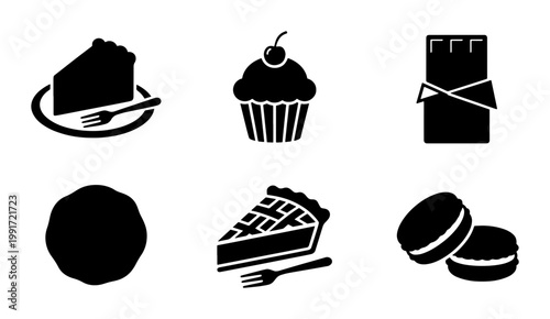 Minimalist dessert icon set, black silhouette bakery symbols, collection of 6 sweet food vector illustrations for cafe menus and web design