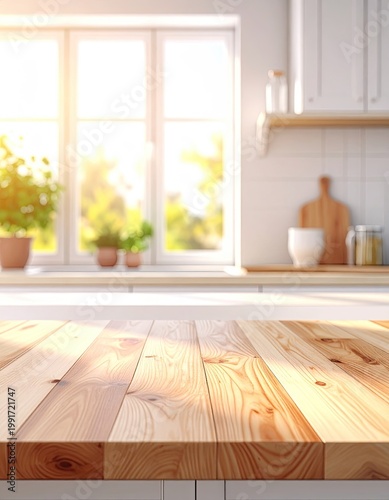 Sunny kitchen with wooden table, soft focus back