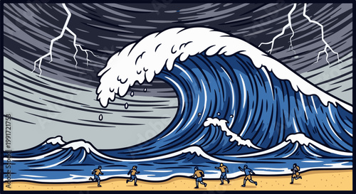 Tiny figures run from giant wave under stormy, lightning-filled skies