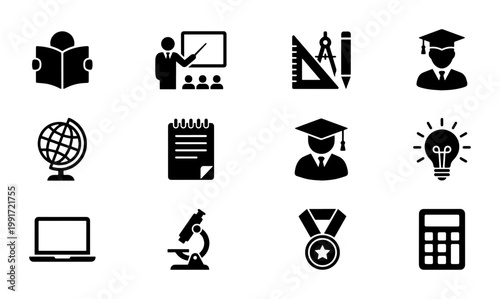 Education and school icon set, 12 black solid vector symbols for learning and teaching, academic study and university graduation graphics