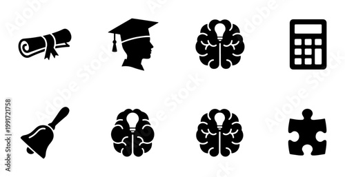 Education and learning icon set, 8 black solid vector symbols for school and university, academic graduation and brain intelligence icons
