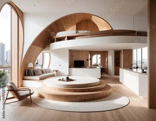 Modern, airy interior w/ wood, curves, & lofted bed