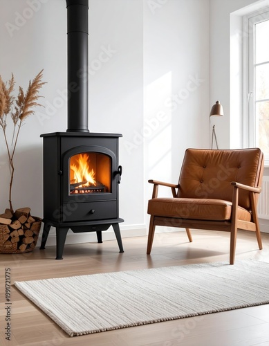Cozy living room with lit stove, chair, rug