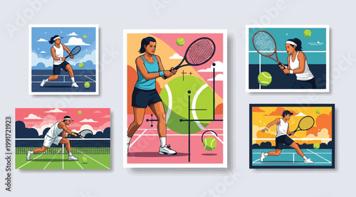 Collection of tennis player illustrations set of posters with male and female athletes playing tennis on court sport competition concept