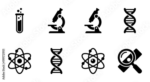 Science and laboratory icon set, black minimalist biology symbols, 8 vector elements featuring microscope dna and atom for research and education