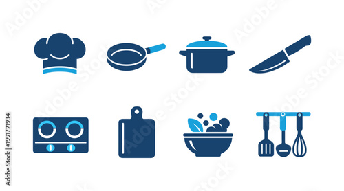 Minimal flat vector kitchen icon set featuring chef hat, frying pan, stock pot, knife, stovetop, cutting board, mixing bowl, and hanging utensils