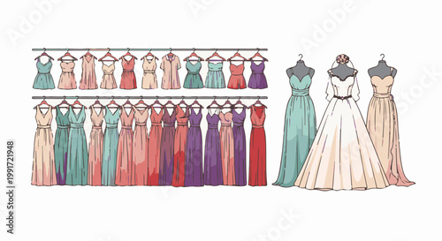 Various dresses displayed on hangers and mannequins
