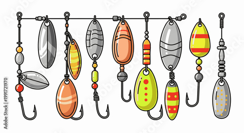 Various fishing lures, metal spinners, and hooks displayed on a line