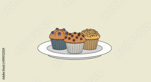 Three delicious muffins on a white plate, one with blueberries, one with chocolate chips, one with sprinkles
