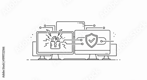 Two monitors show security concepts one with a broken lock, the other a shield