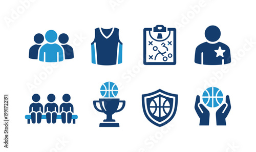 Set of basketball sport icons featuring team members, jersey, strategy clipboard, coach, bench players, trophy, shield emblem, and ball hands in blue