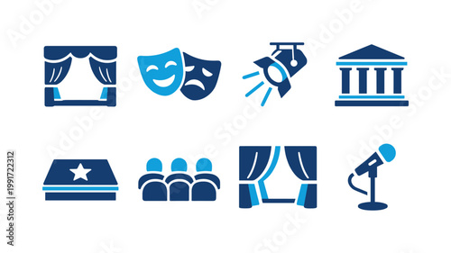 Set of simplified blue icons representing theater stage curtains, comedy and tragedy masks, spotlight, auditorium audience, podium, museum building, and microphone