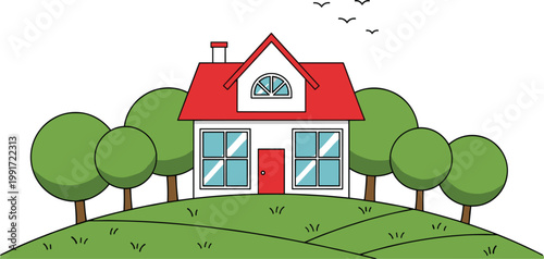 Charming cartoon house nestled among green trees on a grassy hill during daytime