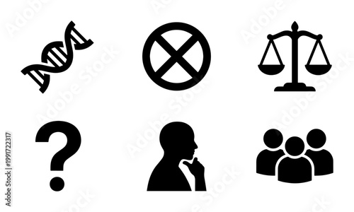 Bioethics and social science icon set, 6 black vector symbols for ethics and justice, DNA and human rights conceptual graphics for research