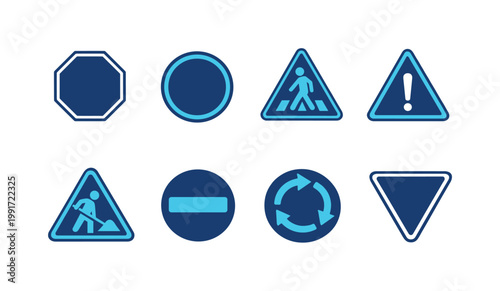 Set of blue road traffic signs including stop, circular regulation, pedestrian crossing, warning, no entry, roundabout direction, and yield icons