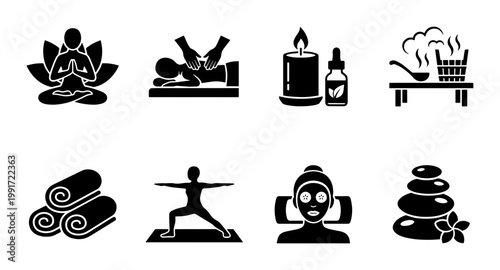 Minimalist spa and wellness icon set, 8 black solid vector symbols for massage and yoga, beauty salon and aromatherapy web graphics
