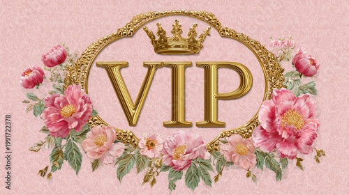 golden vip text with crown surrounded by flowers illustration