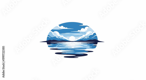 Stylized sun setting over water and mountains, reflected below