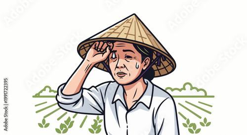 Sweating farmer in conical hat wipes brow in hot field