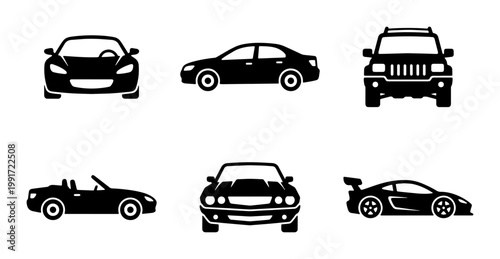Black car silhouette icons set, vector automotive transport collection, modern vehicle symbols for maps and infographics, 6 car types including SUV and sedan