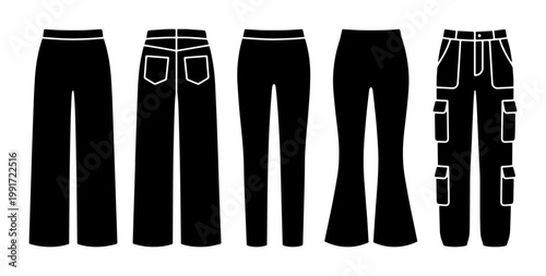 Minimalist black pants vector icons set, fashion trousers silhouettes including cargo and flare styles, apparel design technical sketches for clothing retail