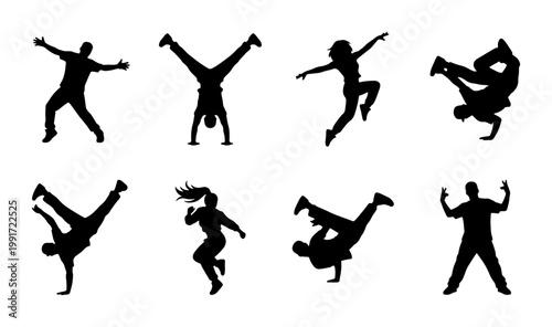 Breakdance silhouettes set of 8 vector icons, hip hop dancer figures in dynamic poses, urban street dance performers performing acrobatic stunts