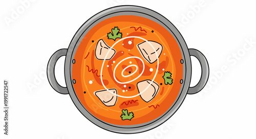 Top-down view of a steaming pot of orange curry with chunks of food and herbs
