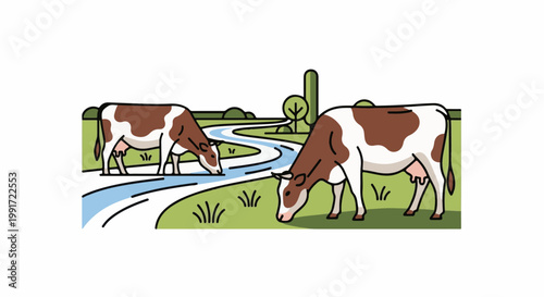 Two cows graze near a winding stream in a green pastoral landscape with trees