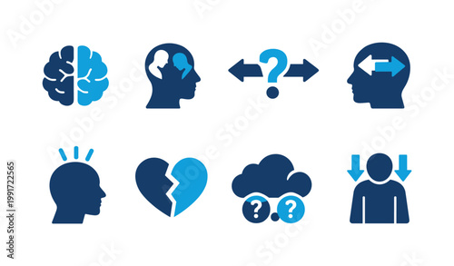 Set of mental health and psychology icons showing brain, confusion, decision making, insight, heartbreak, stress cloud, and depression symptoms