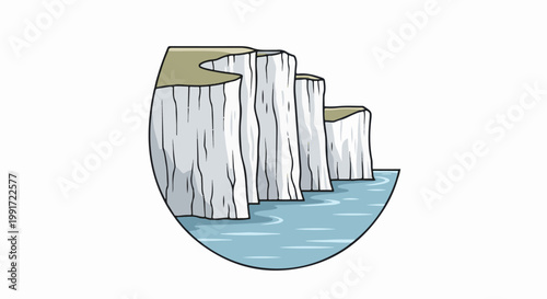 Stylized white cliffs plunge into calm blue ocean waters