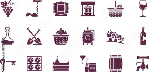 Illustrations depicting various aspects and tools of winemaking and wine culture Vector