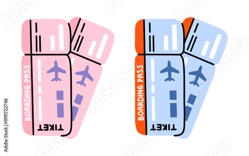 Vector set of pink and blue airplane boarding pass ticket with plane icon, boarding pass text. Minimal travel document illustration in flat style for flight, vacation and tourism theme.